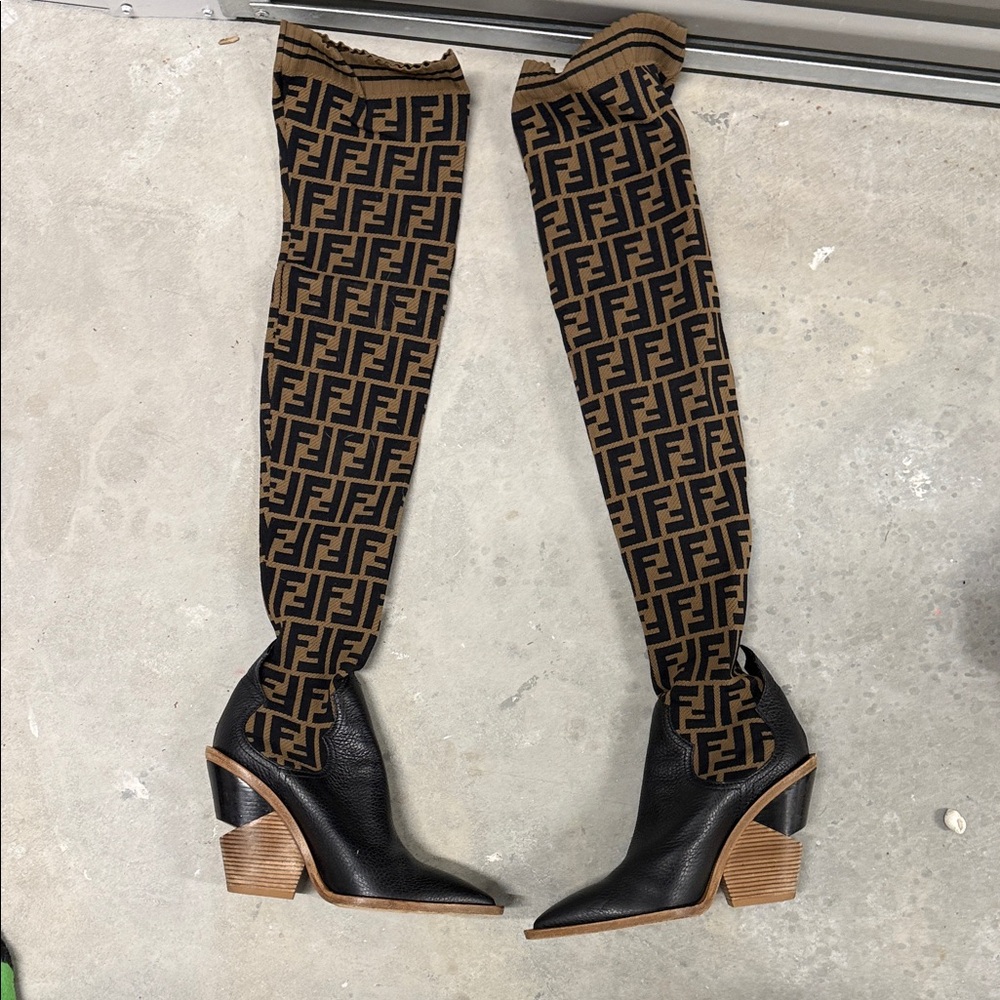 Fendi Black and Tan Logo Pattern Boots